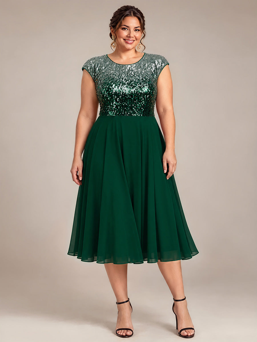 Sequins Coupe Trapèze Manches Courtes type Cap Robe Mariage Invitée #Couleur_Vert argenté