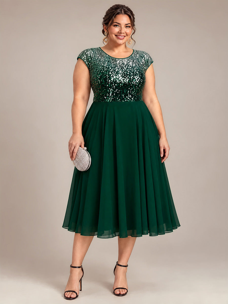 Sequins Coupe Trapèze Manches Courtes type Cap Robe Mariage Invitée #Couleur_Vert argenté
