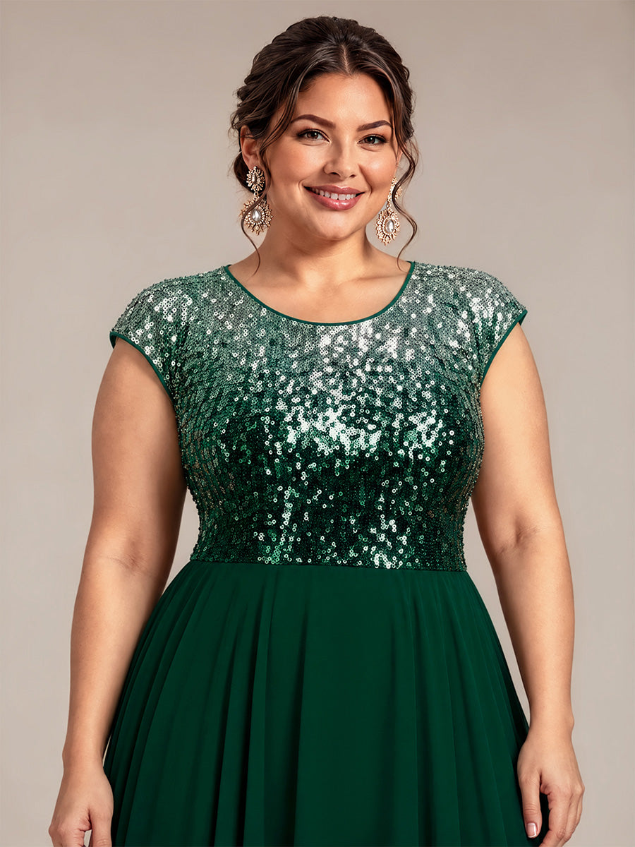 Sequins Coupe Trapèze Manches Courtes type Cap Robe Mariage Invitée #Couleur_Vert argenté