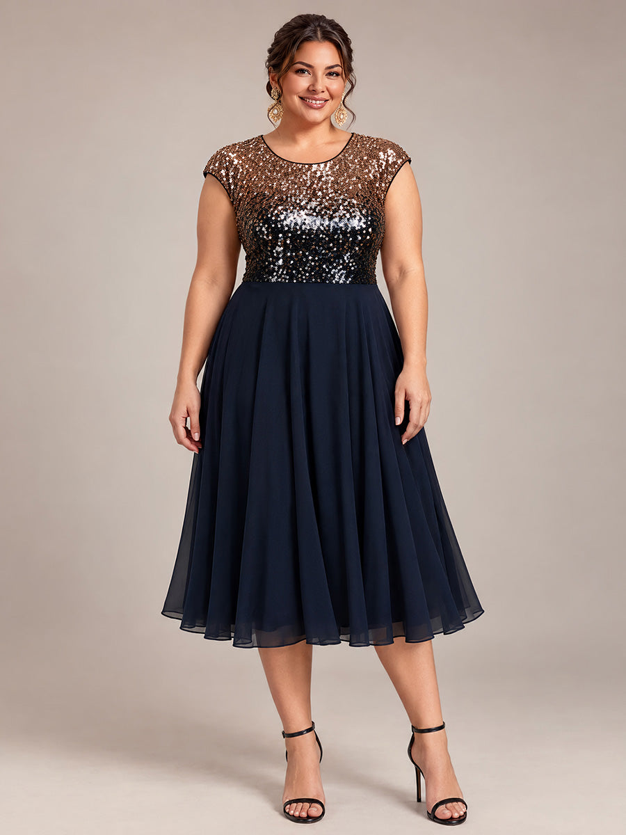 Sequins Coupe Trapèze Manches Courtes type Cap Robe Mariage Invitée #Couleur_Bleu marine champagne