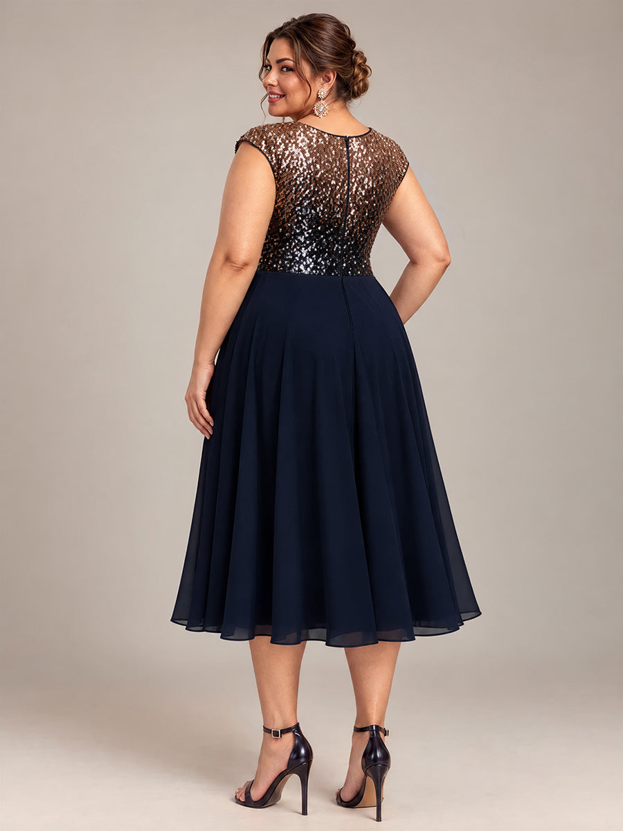 Sequins Coupe Trapèze Manches Courtes type Cap Robe Mariage Invitée #Couleur_Bleu marine champagne