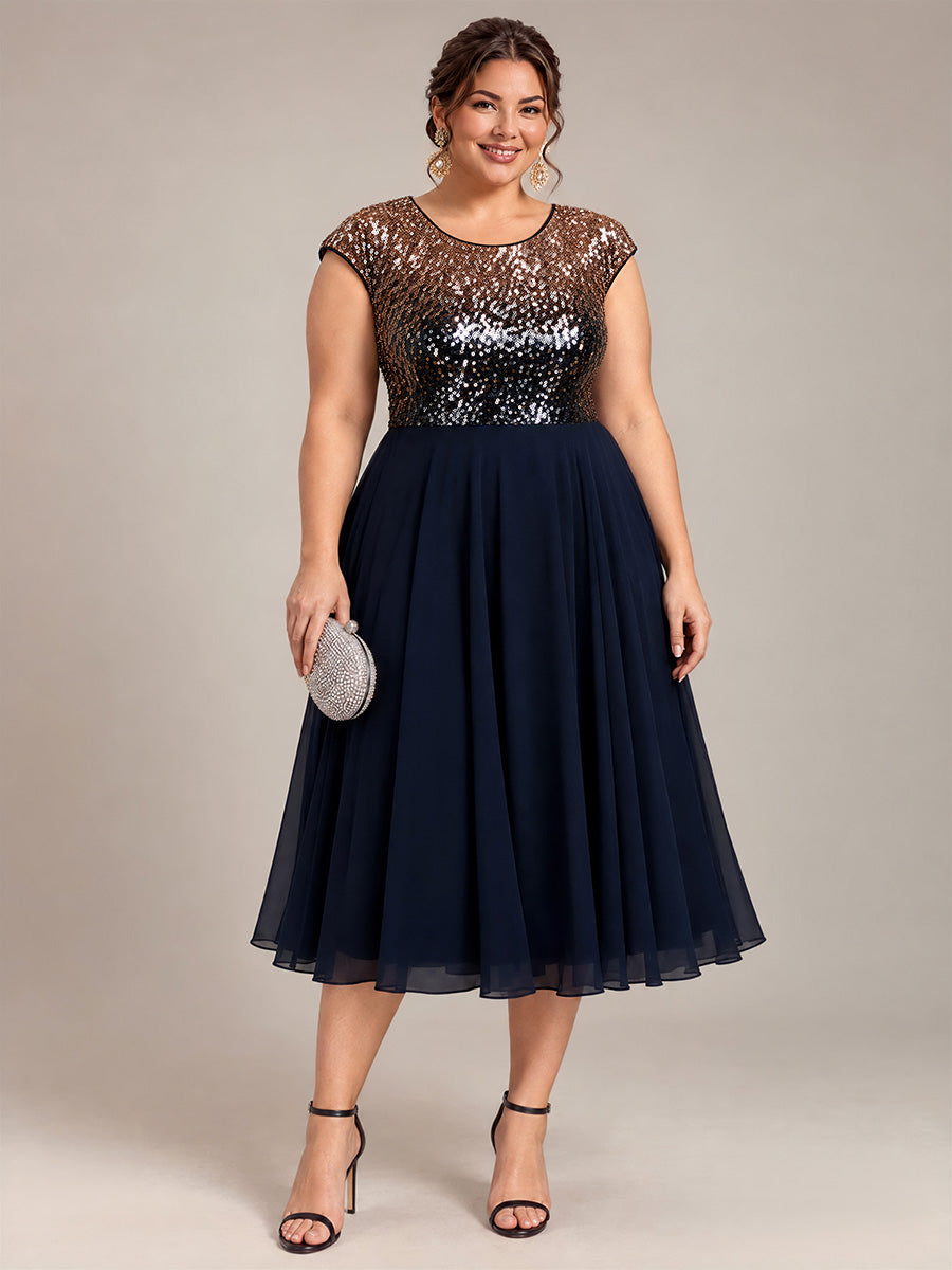 Sequins Coupe Trapèze Manches Courtes type Cap Robe Mariage Invitée #Couleur_Bleu marine champagne