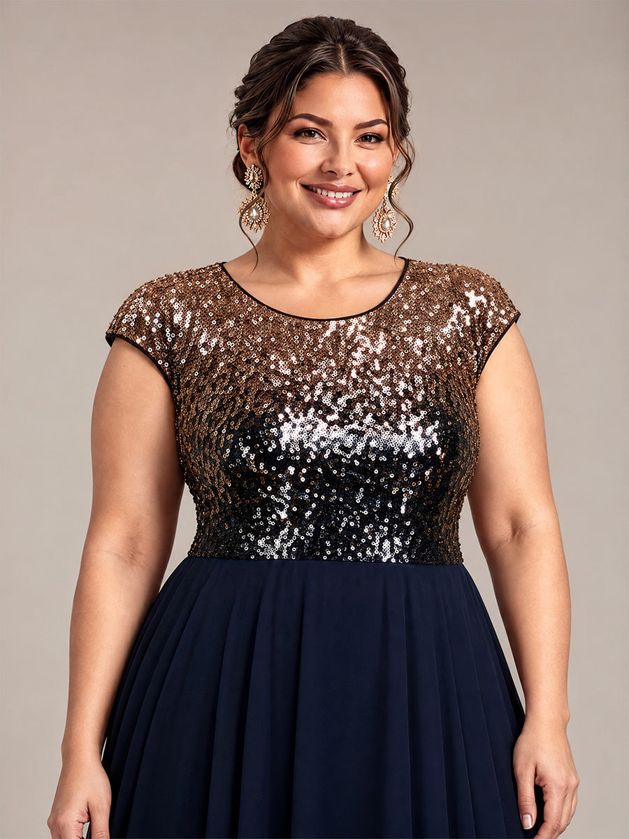 Sequins Coupe Trapèze Manches Courtes type Cap Robe Mariage Invitée #Couleur_Bleu marine champagne