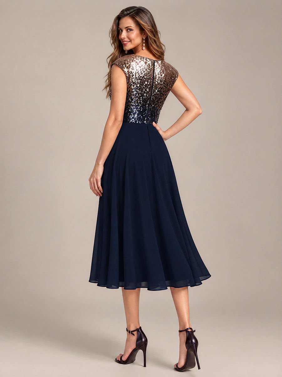 Sequins Coupe Trapèze Manches Courtes type Cap Robe Mariage Invitée #Couleur_Bleu marine champagne