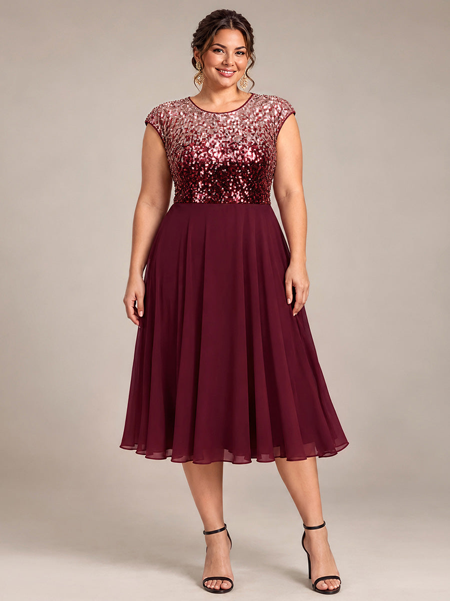 Sequins Coupe Trapèze Manches Courtes type Cap Robe Mariage Invitée #Couleur_Bordeaux et rose