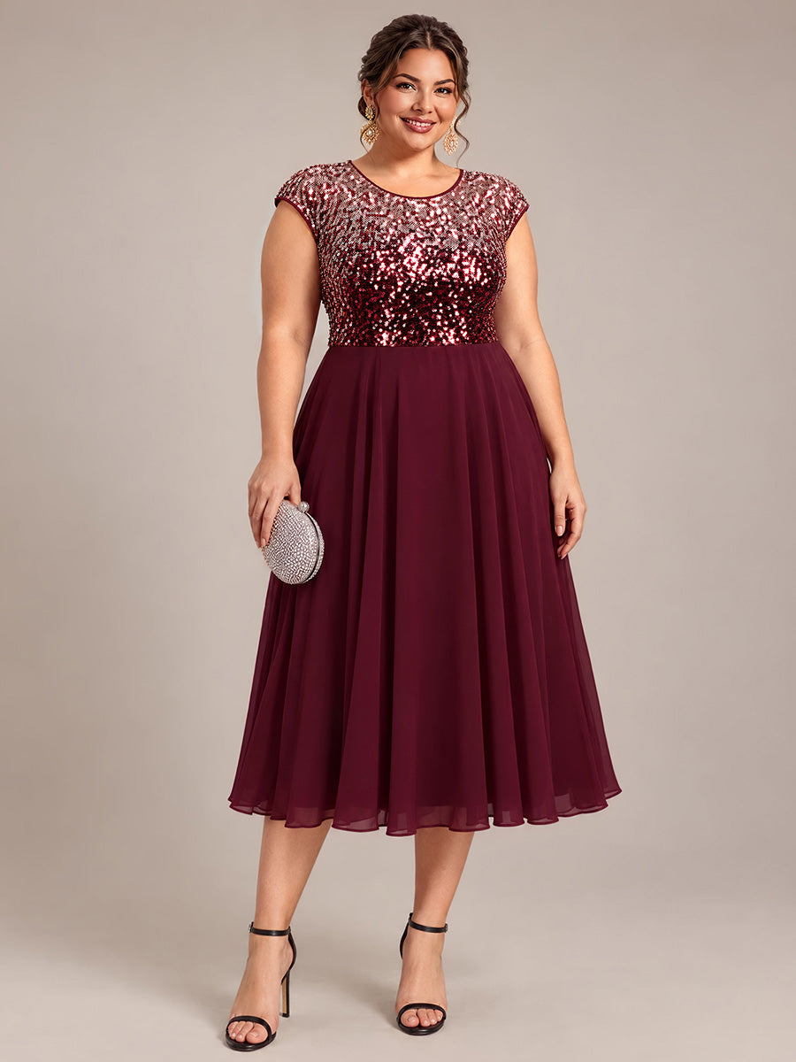 Sequins Coupe Trapèze Manches Courtes type Cap Robe Mariage Invitée #Couleur_Bordeaux et rose