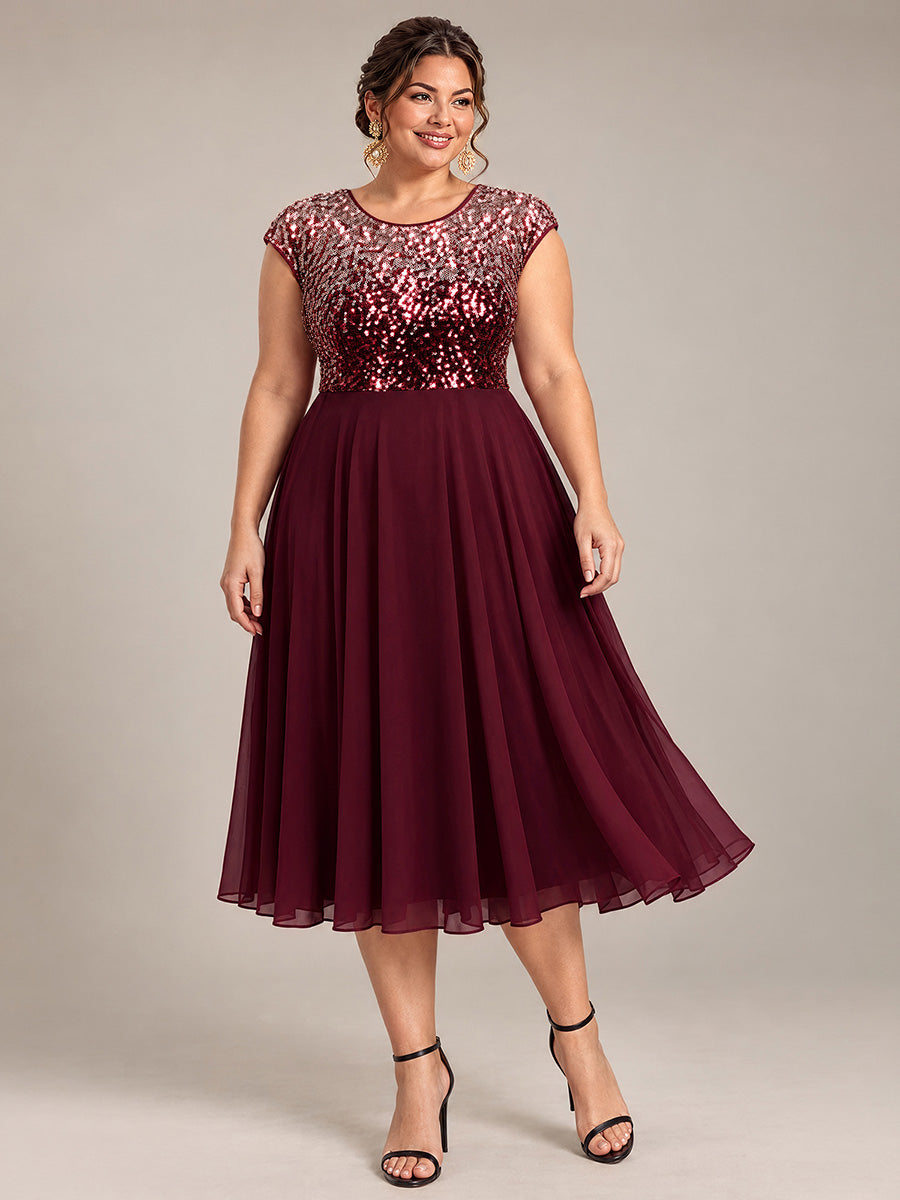 Sequins Coupe Trapèze Manches Courtes type Cap Robe Mariage Invitée #Couleur_Bordeaux et rose