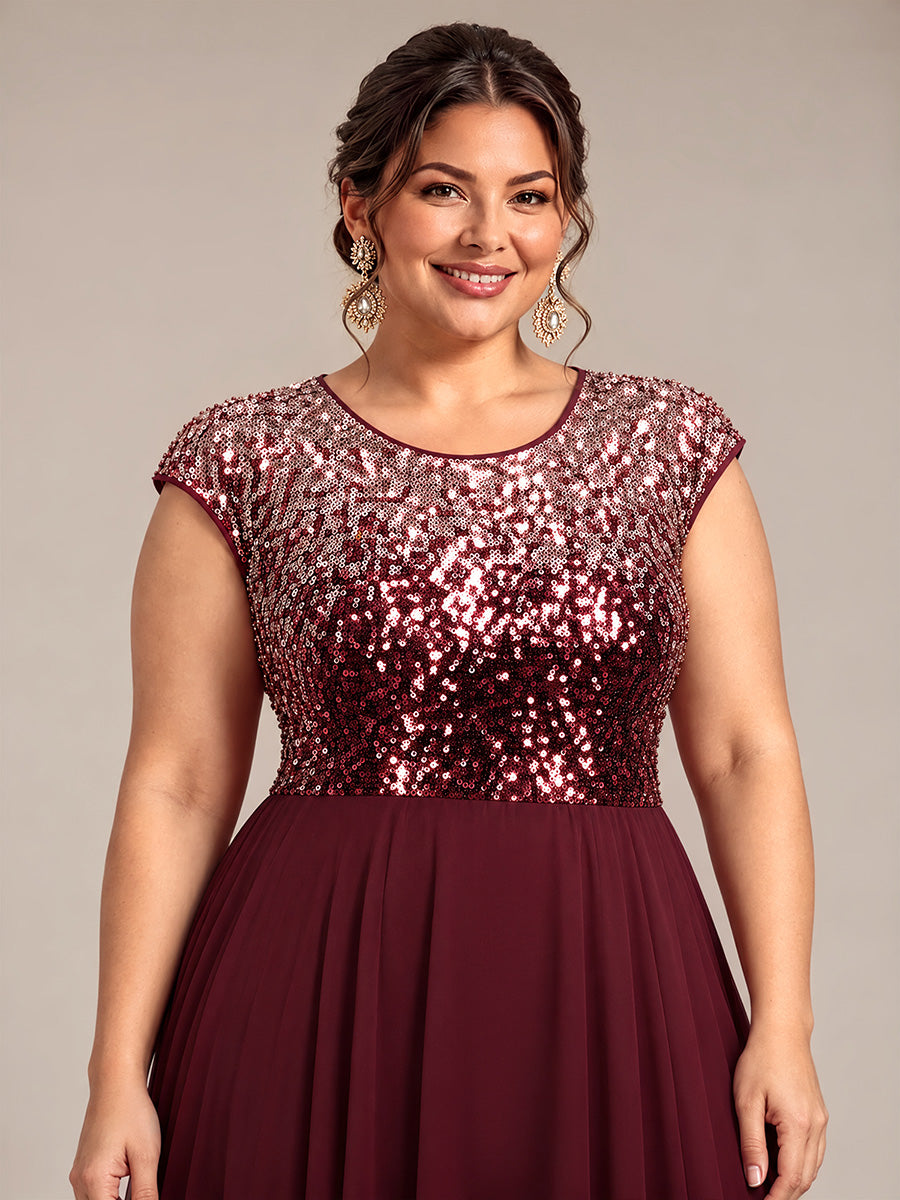 Sequins Coupe Trapèze Manches Courtes type Cap Robe Mariage Invitée #Couleur_Bordeaux et rose