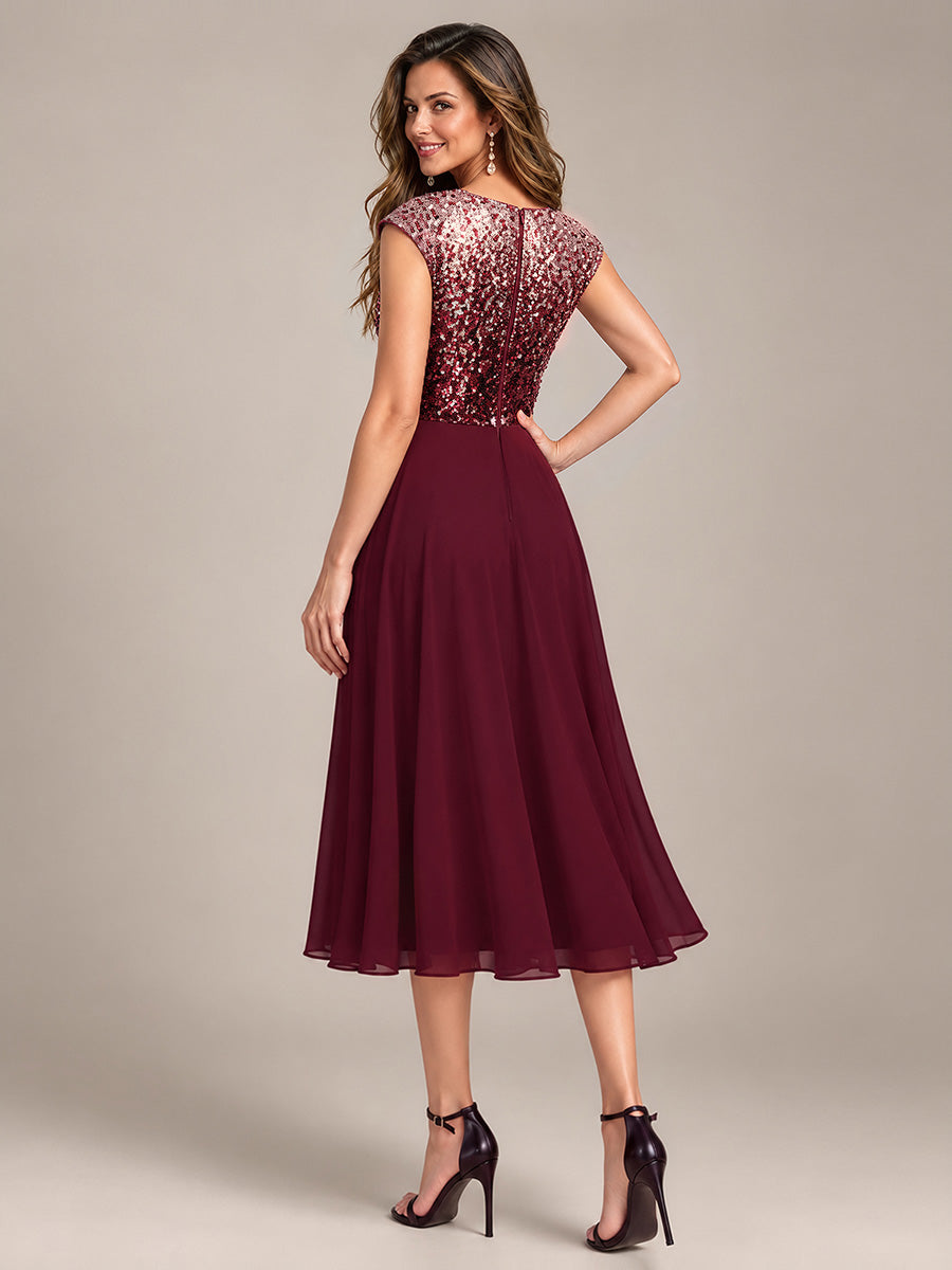Sequins Coupe Trapèze Manches Courtes type Cap Robe Mariage Invitée #Couleur_Bordeaux et rose