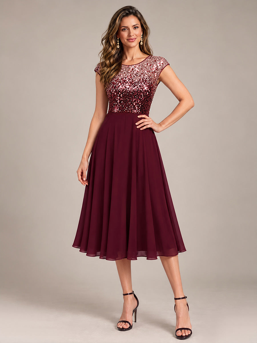 Sequins Coupe Trapèze Manches Courtes type Cap Robe Mariage Invitée #Couleur_Bordeaux et rose