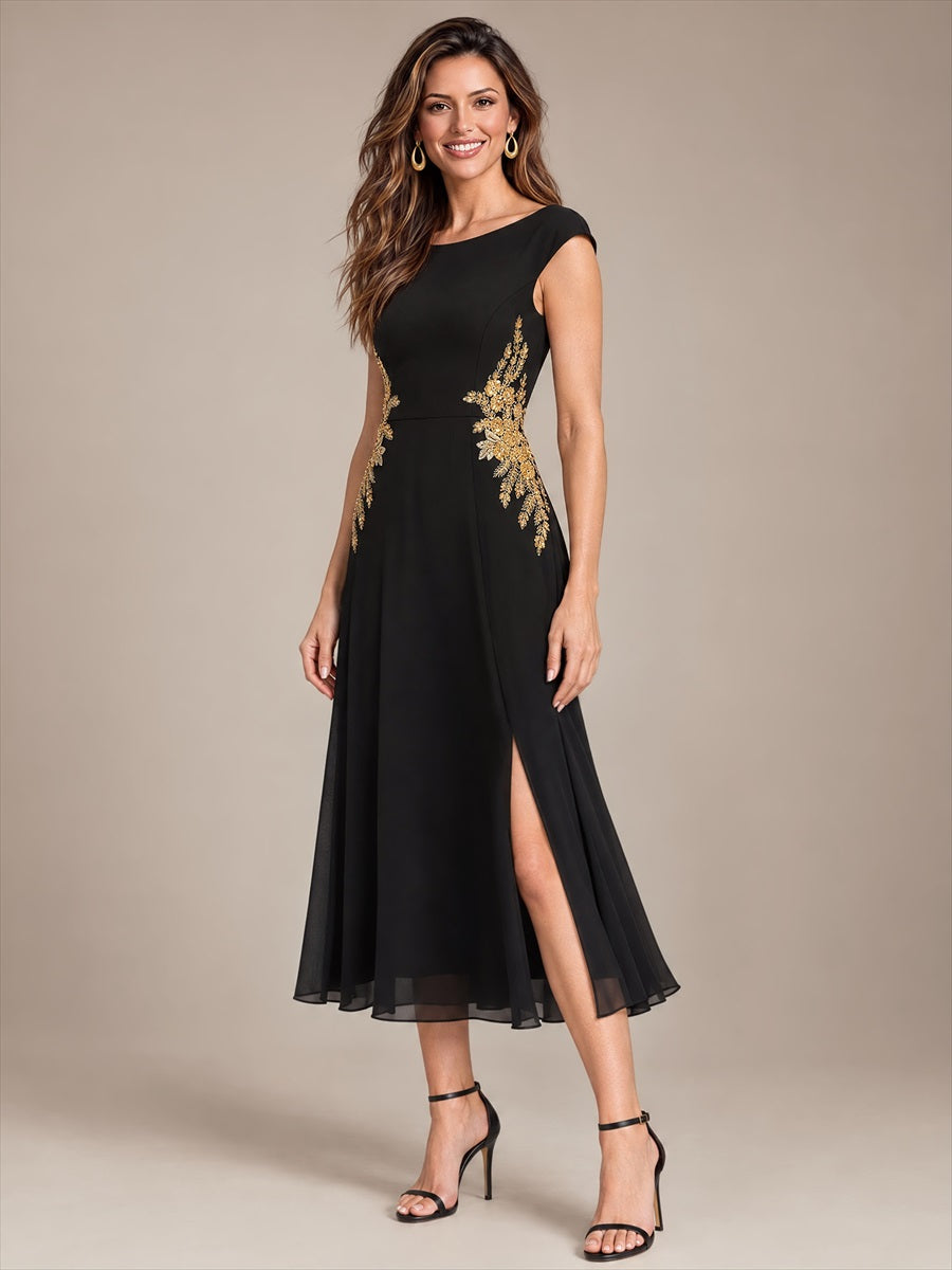 Sequins Mousseline Coupe Trapèze Sans Manches Robe Mariage Invitée #Couleur_Noir