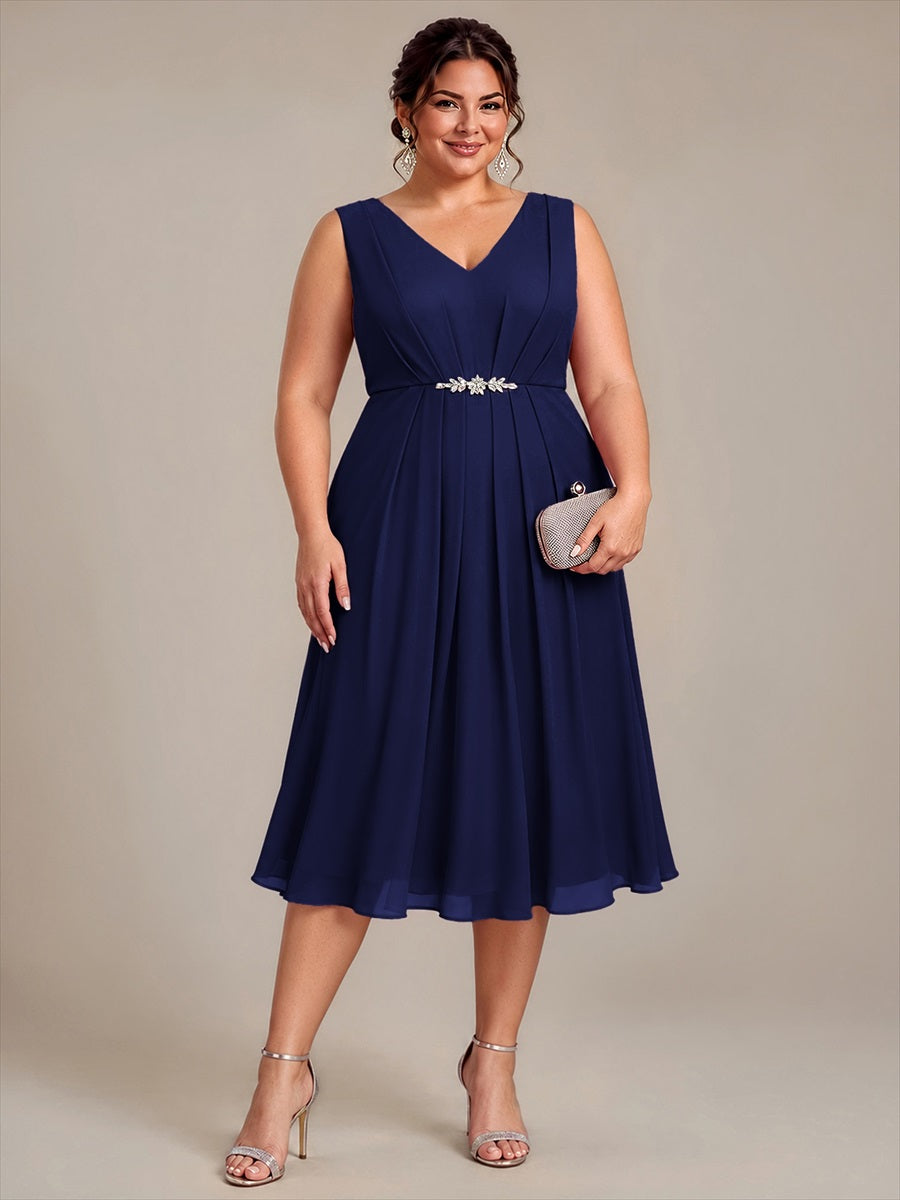 Robe midi sans manches en V avec fermeture éclair au dos coupe A non élastique #Couleur_Bleu Marine