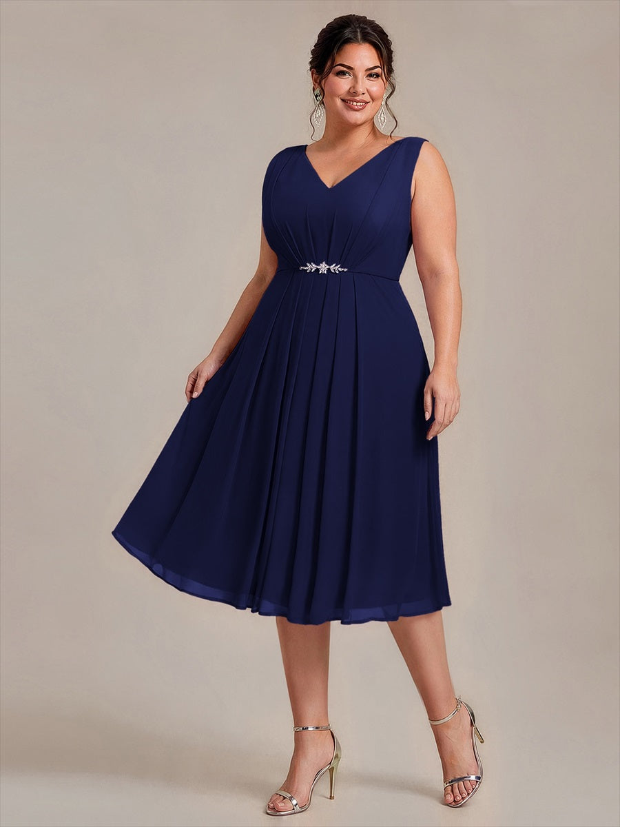 Robe midi sans manches en V avec fermeture éclair au dos coupe A non élastique #Couleur_Bleu Marine