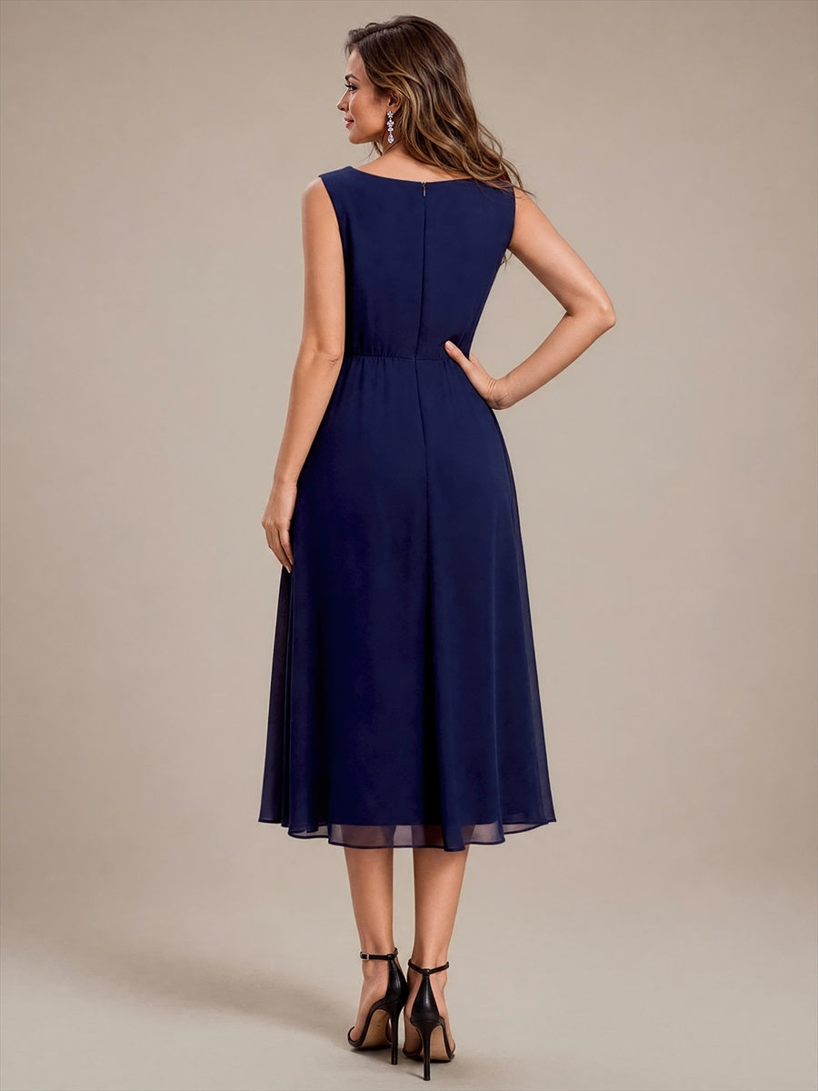 Robe midi sans manches en V avec fermeture éclair au dos coupe A non élastique #Couleur_Bleu Marine
