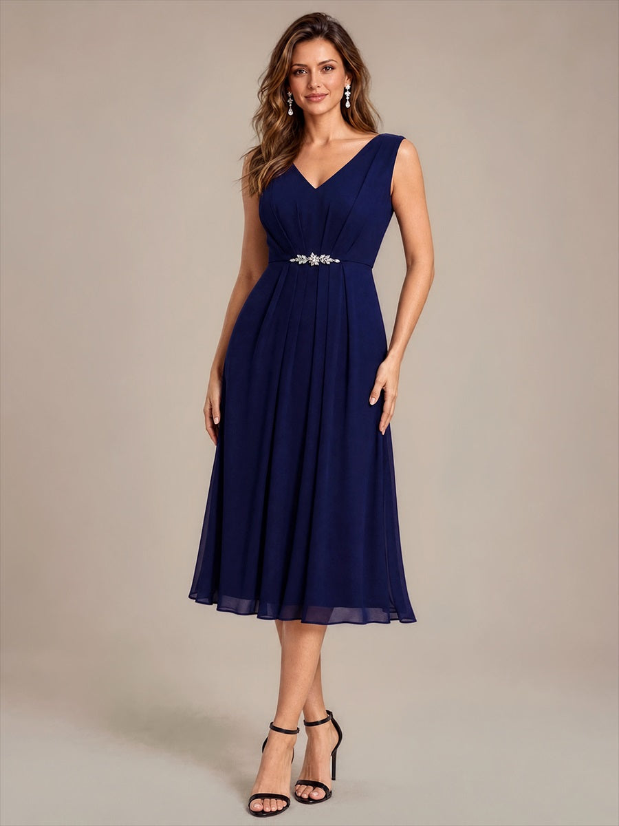 Robe midi sans manches en V avec fermeture éclair au dos coupe A non élastique #Couleur_Bleu Marine