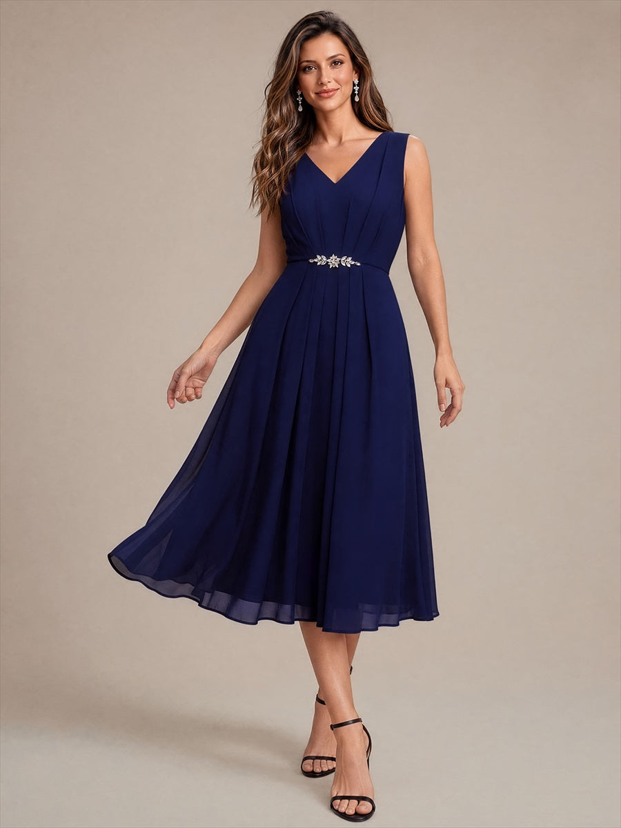 Robe midi sans manches en V avec fermeture éclair au dos coupe A non élastique #Couleur_Bleu Marine