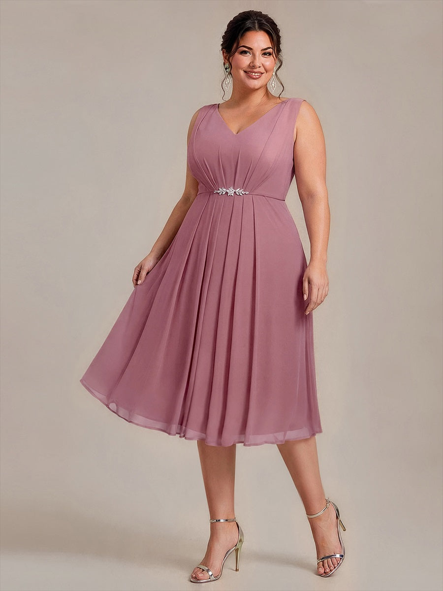 Robe midi sans manches en V avec fermeture éclair au dos coupe A non élastique #Couleur_Orchidee