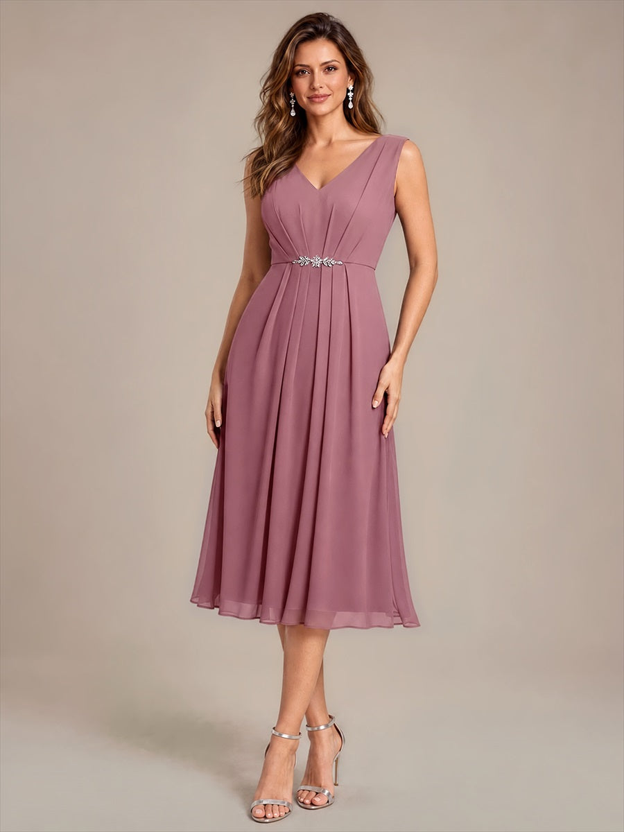 Robe midi sans manches en V avec fermeture éclair au dos coupe A non élastique #Couleur_Orchidee