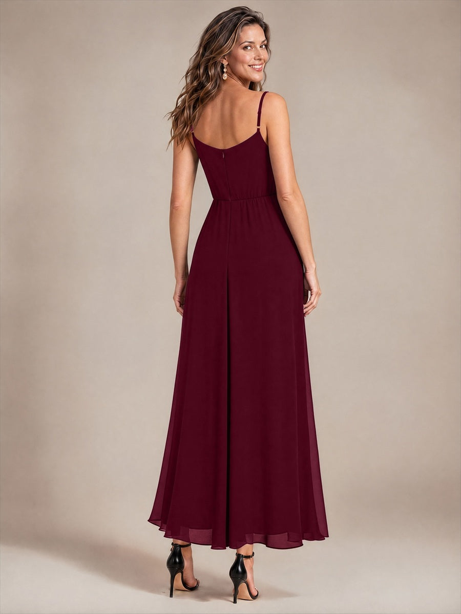 Mousseline Longueur Cheville Col V Sans Manches Robe Mariage Invitée #Couleur_Bordeaux