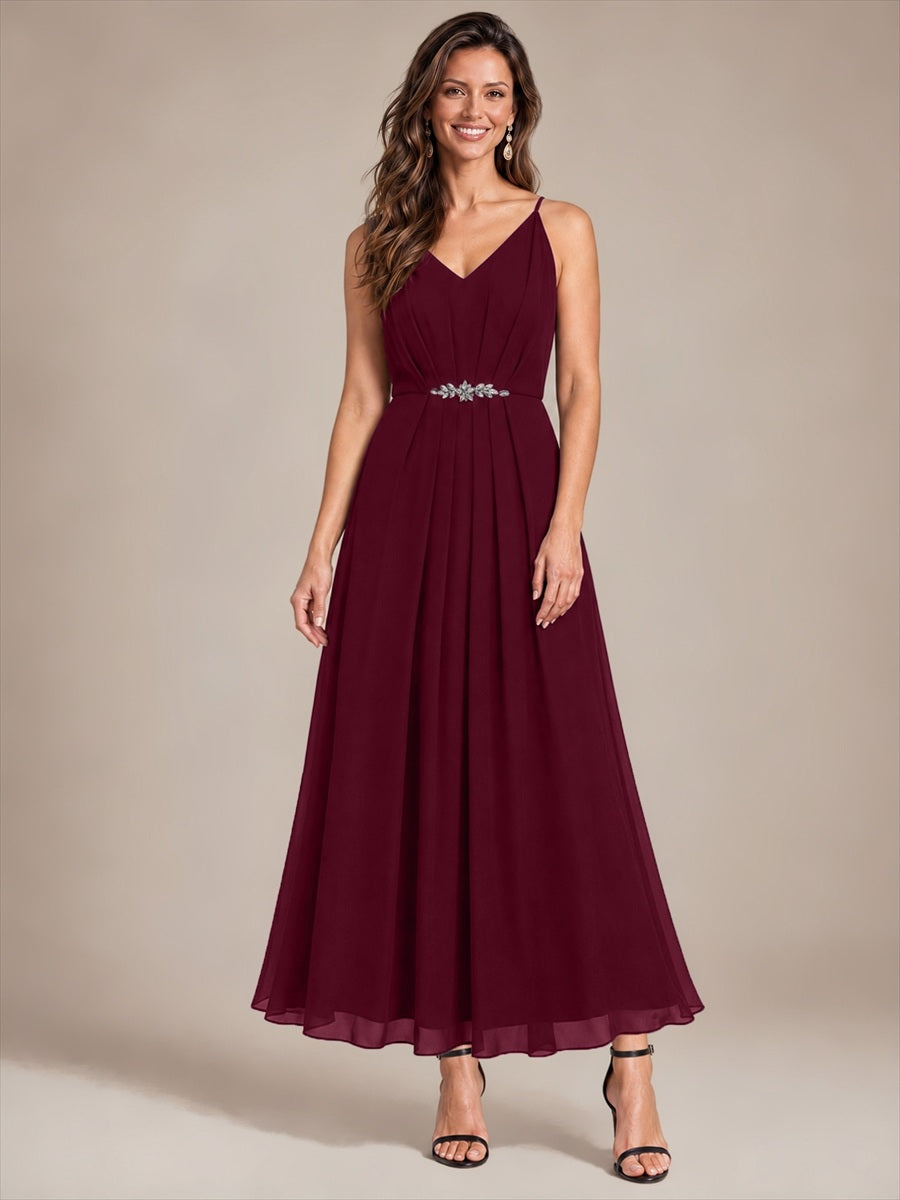Mousseline Longueur Cheville Col V Sans Manches Robe Mariage Invitée #Couleur_Bordeaux