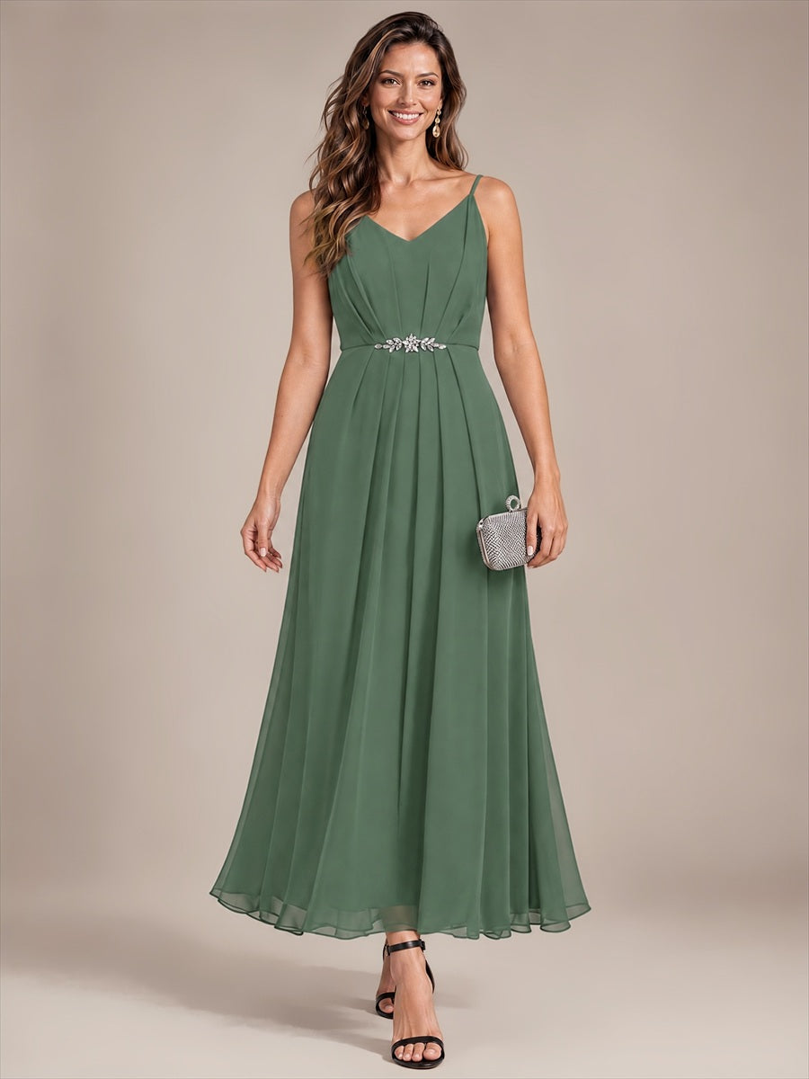Mousseline Longueur Cheville Col V Sans Manches Robe Mariage Invitée #Couleur_Eukalyptus Grün