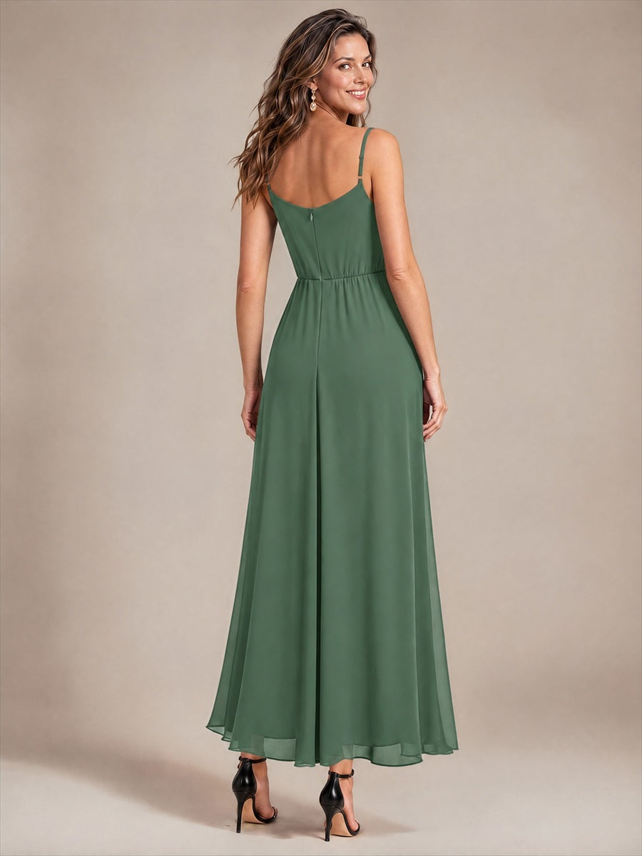 Mousseline Longueur Cheville Col V Sans Manches Robe Mariage Invitée #Couleur_Eukalyptus Grün