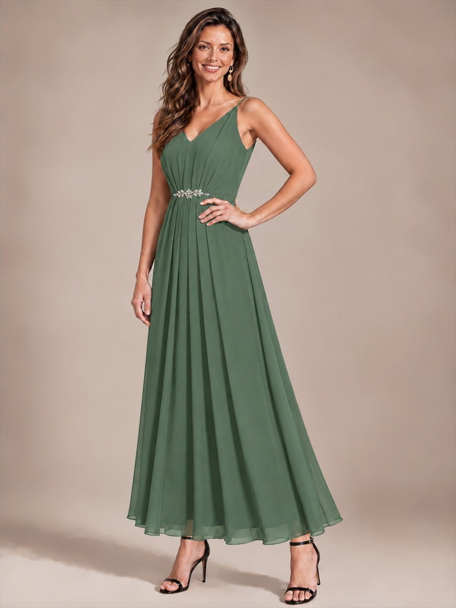 Mousseline Longueur Cheville Col V Sans Manches Robe Mariage Invitée #Couleur_Eukalyptus Grün