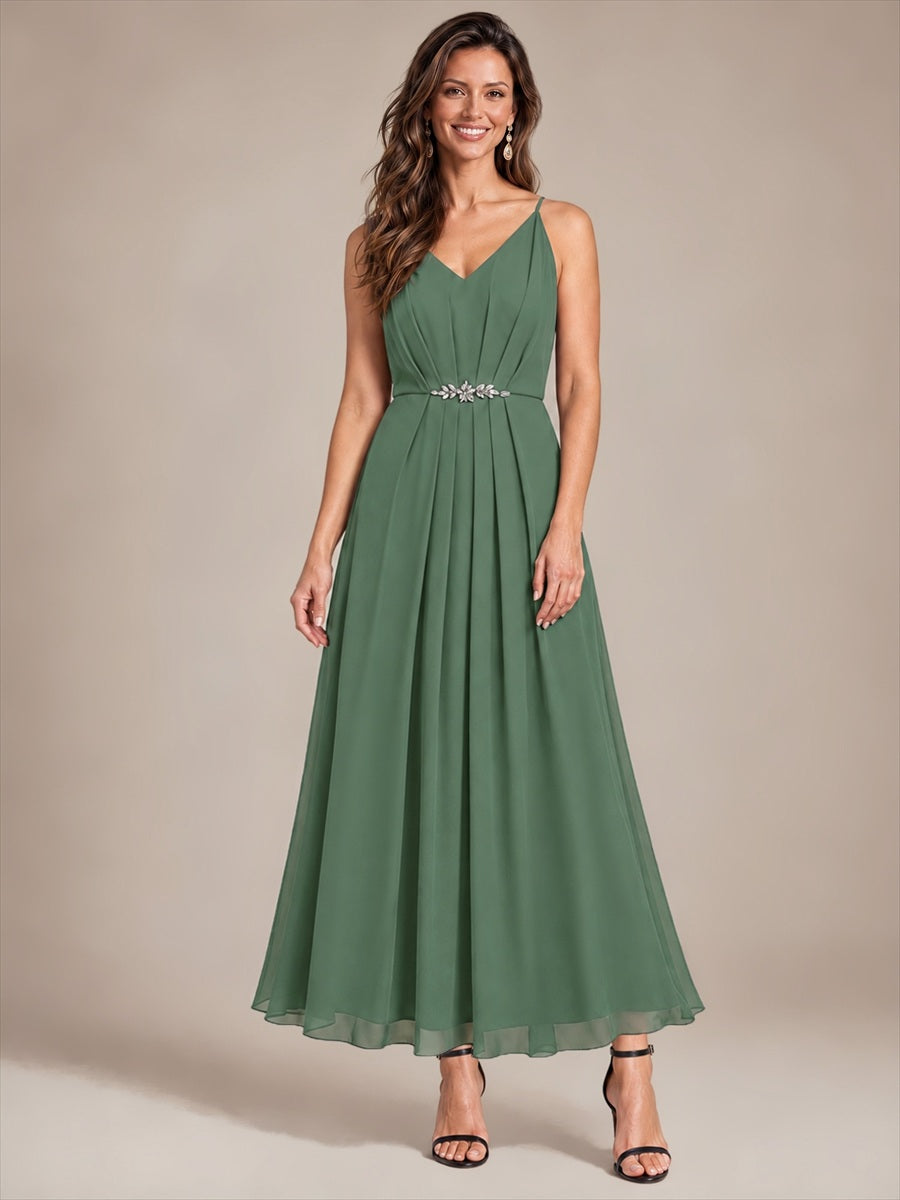 Mousseline Longueur Cheville Col V Sans Manches Robe Mariage Invitée #Couleur_Eukalyptus Grün