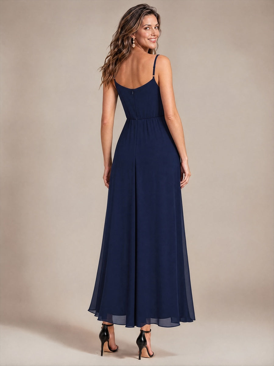 Mousseline Longueur Cheville Col V Sans Manches Robe Mariage Invitée #Couleur_Bleu Marine