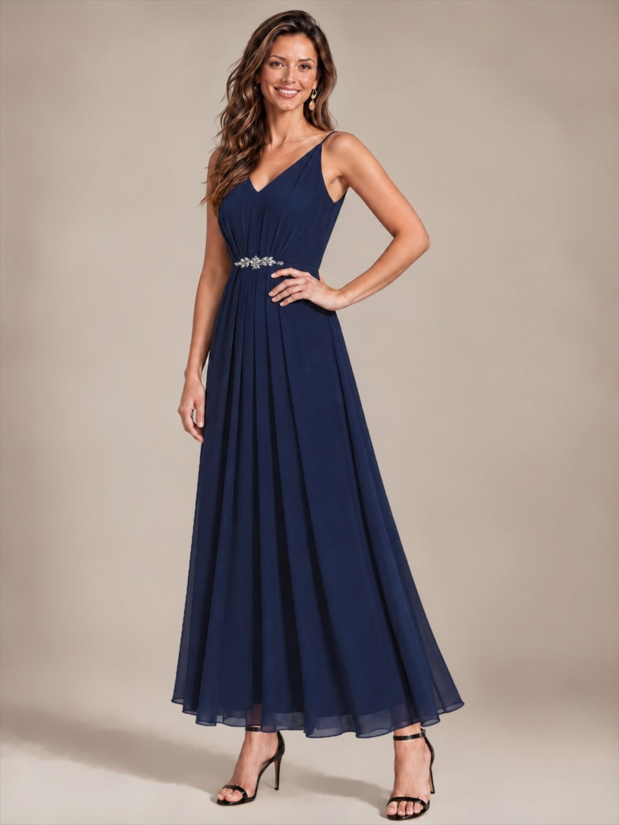 Mousseline Longueur Cheville Col V Sans Manches Robe Mariage Invitée #Couleur_Bleu Marine