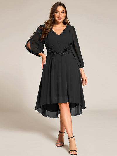 pretty AELINA|Robe invitée mariage en mousseline à manches longues et col en V grande taille(Vente finale)