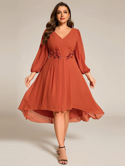 pretty AELINA|Robe invitée mariage en mousseline à manches longues et col en V grande taille(Vente finale)