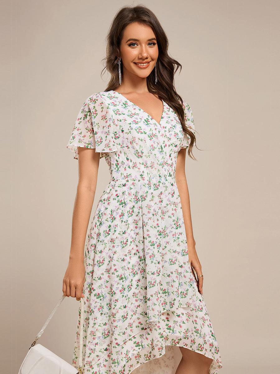 Robe mi-longue à manches courtes et volants florale pour invitée de mariage #Couleur_Blanc Vert