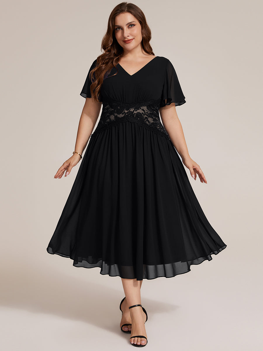 robe midi à col en V volantée à manches courtes sans élasthanne en A #Couleur_Noir