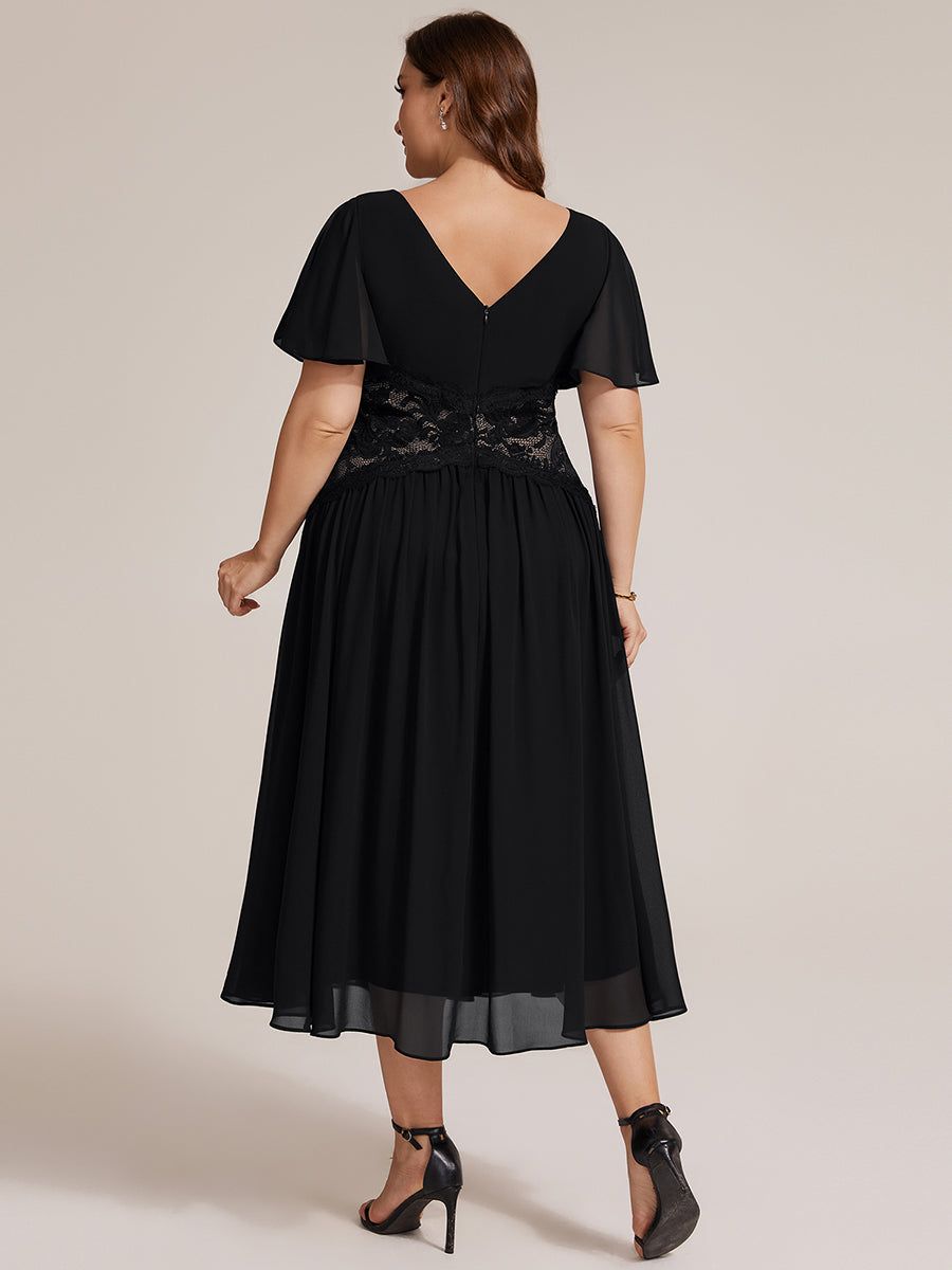 robe midi à col en V volantée à manches courtes sans élasthanne en A #Couleur_Noir