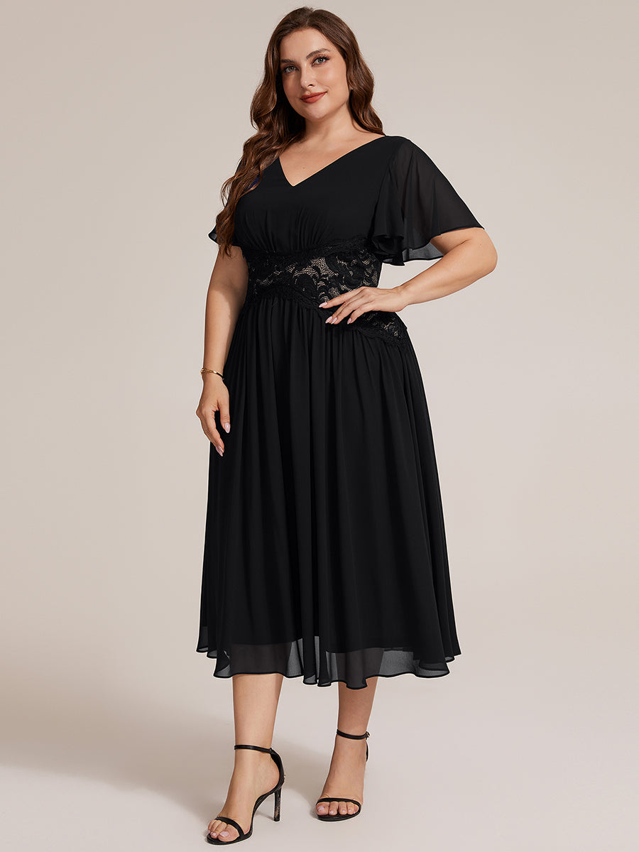 robe midi à col en V volantée à manches courtes sans élasthanne en A #Couleur_Noir