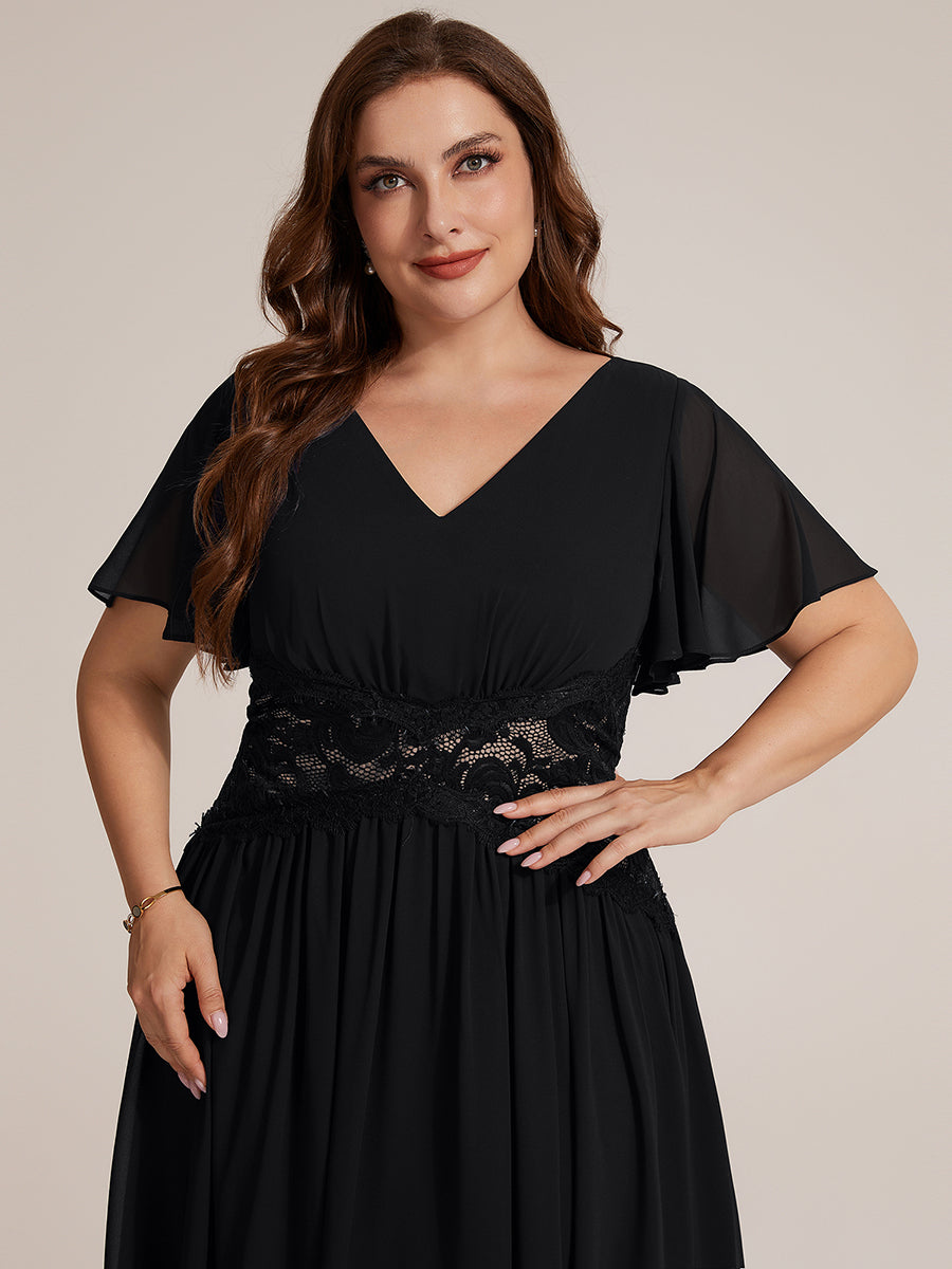 robe midi à col en V volantée à manches courtes sans élasthanne en A #Couleur_Noir