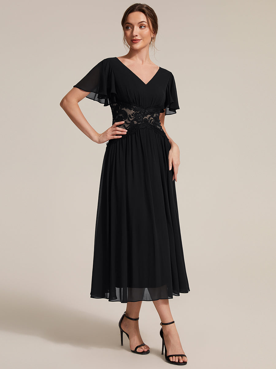 robe midi à col en V volantée à manches courtes sans élasthanne en A #Couleur_Noir