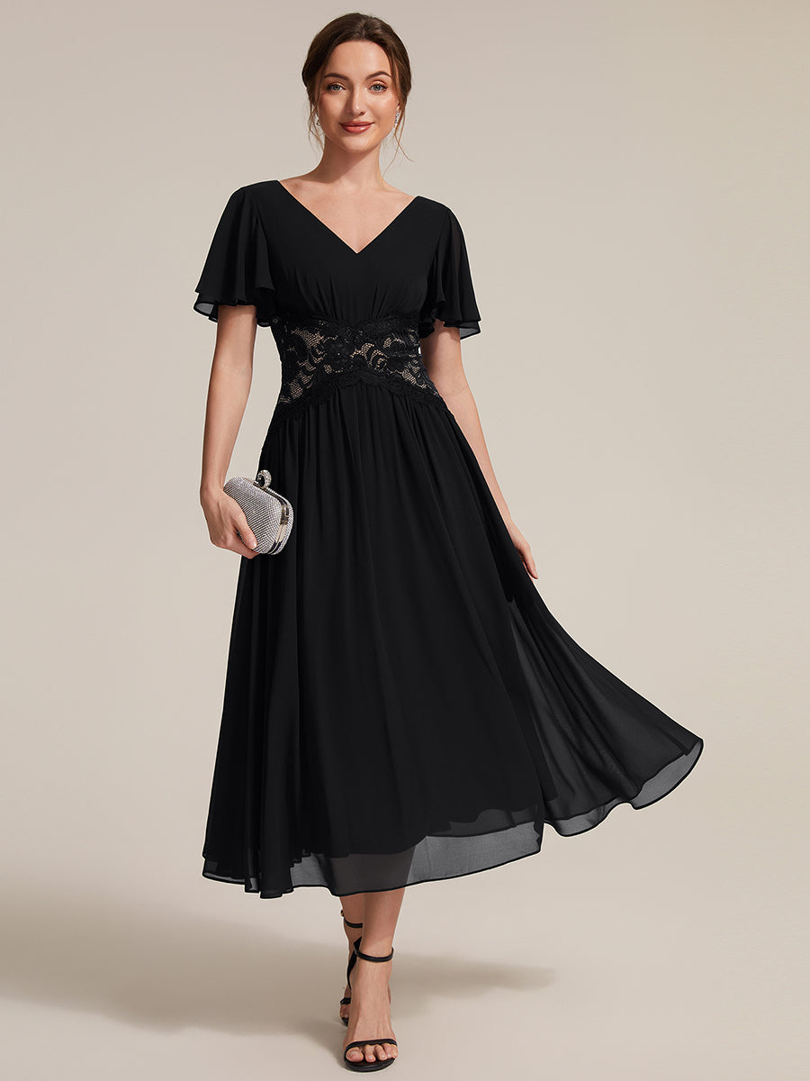 robe midi à col en V volantée à manches courtes sans élasthanne en A #Couleur_Noir