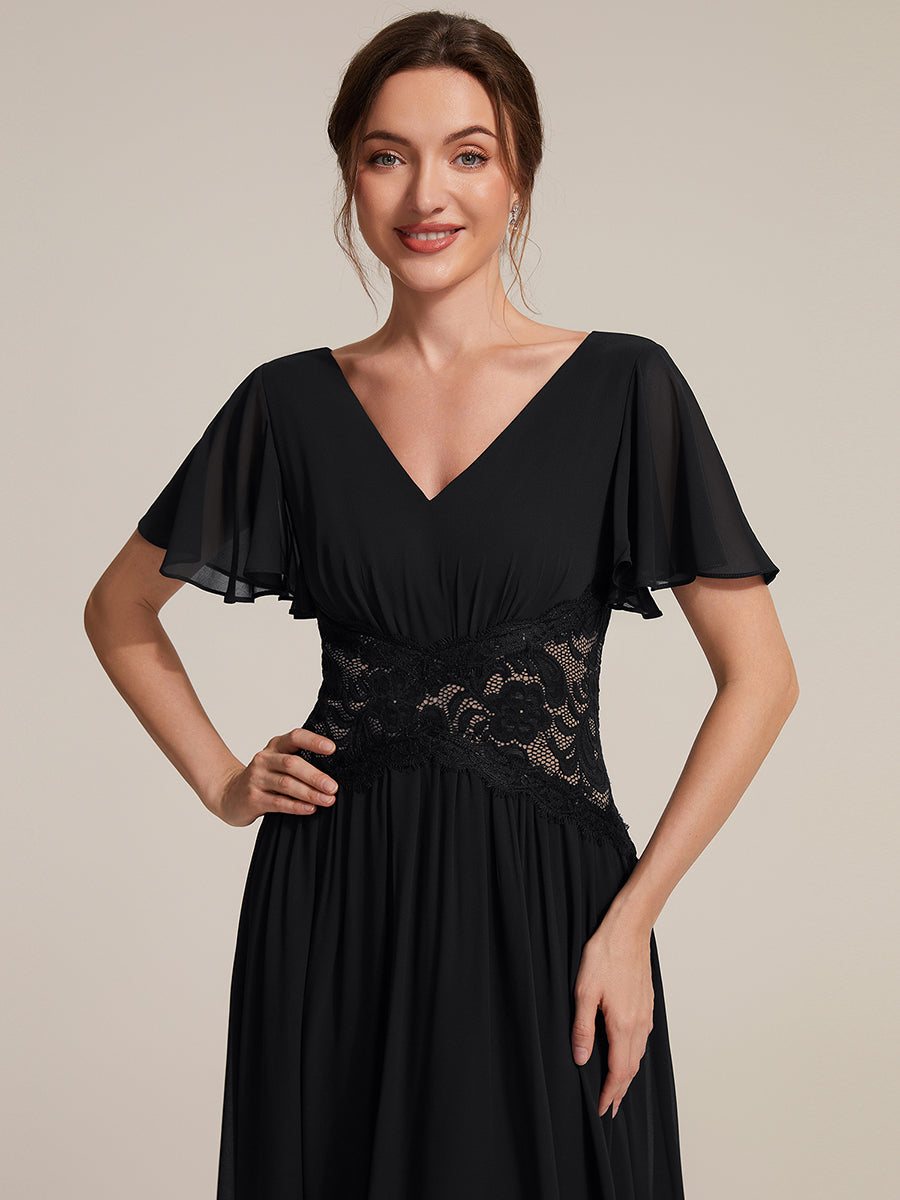 robe midi à col en V volantée à manches courtes sans élasthanne en A #Couleur_Noir