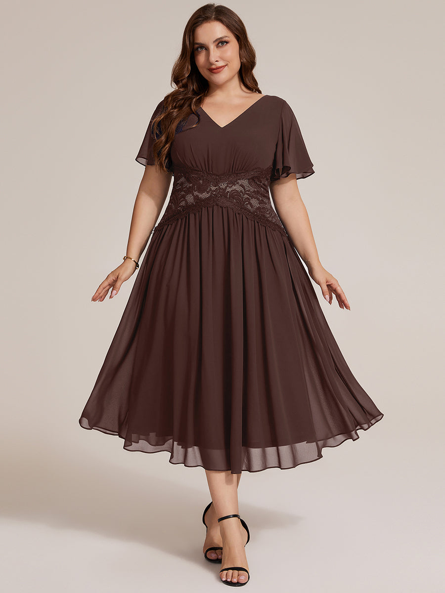 robe midi à col en V volantée à manches courtes sans élasthanne en A #Couleur_Marron chocolat