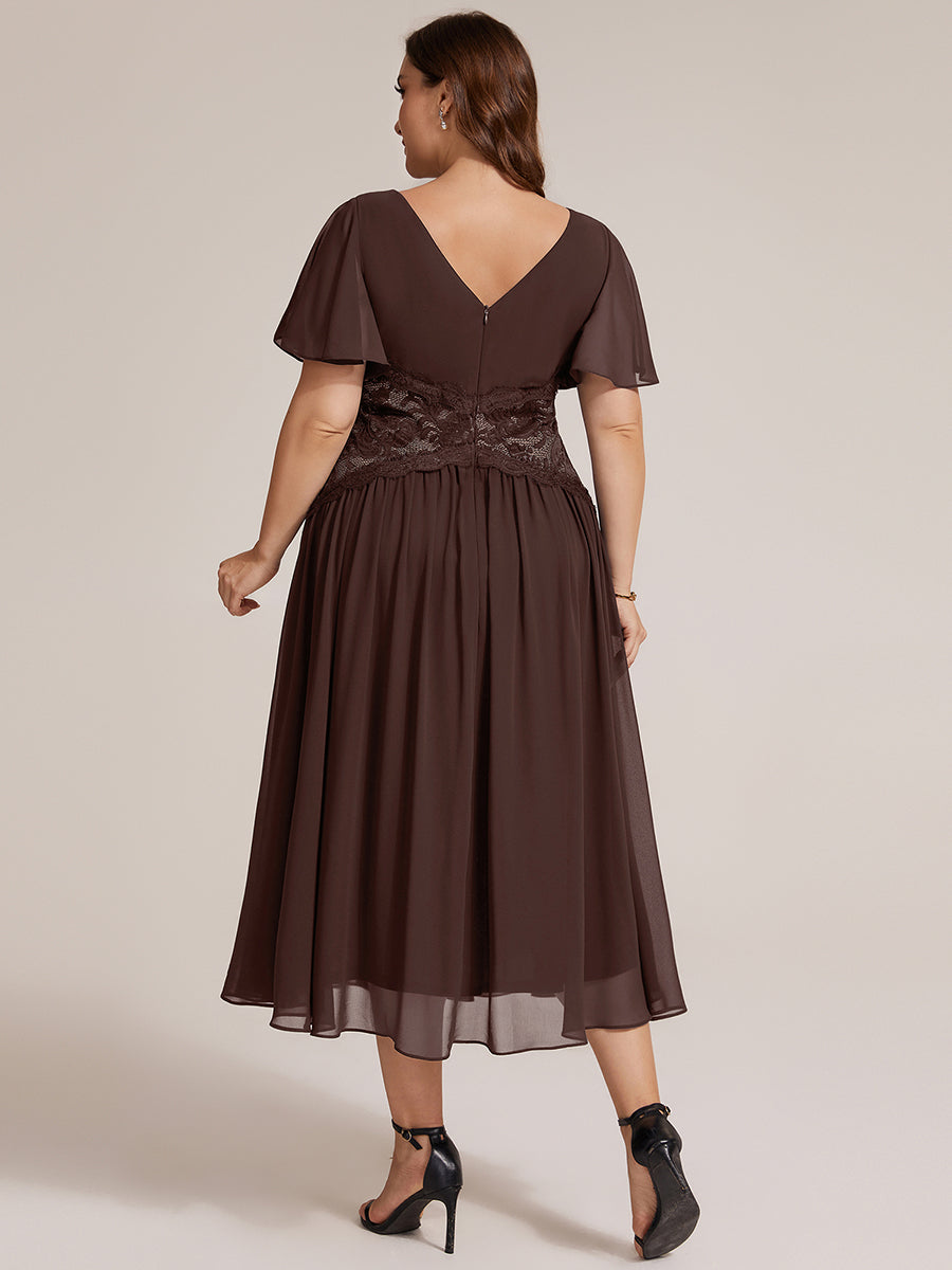 robe midi à col en V volantée à manches courtes sans élasthanne en A #Couleur_Marron chocolat