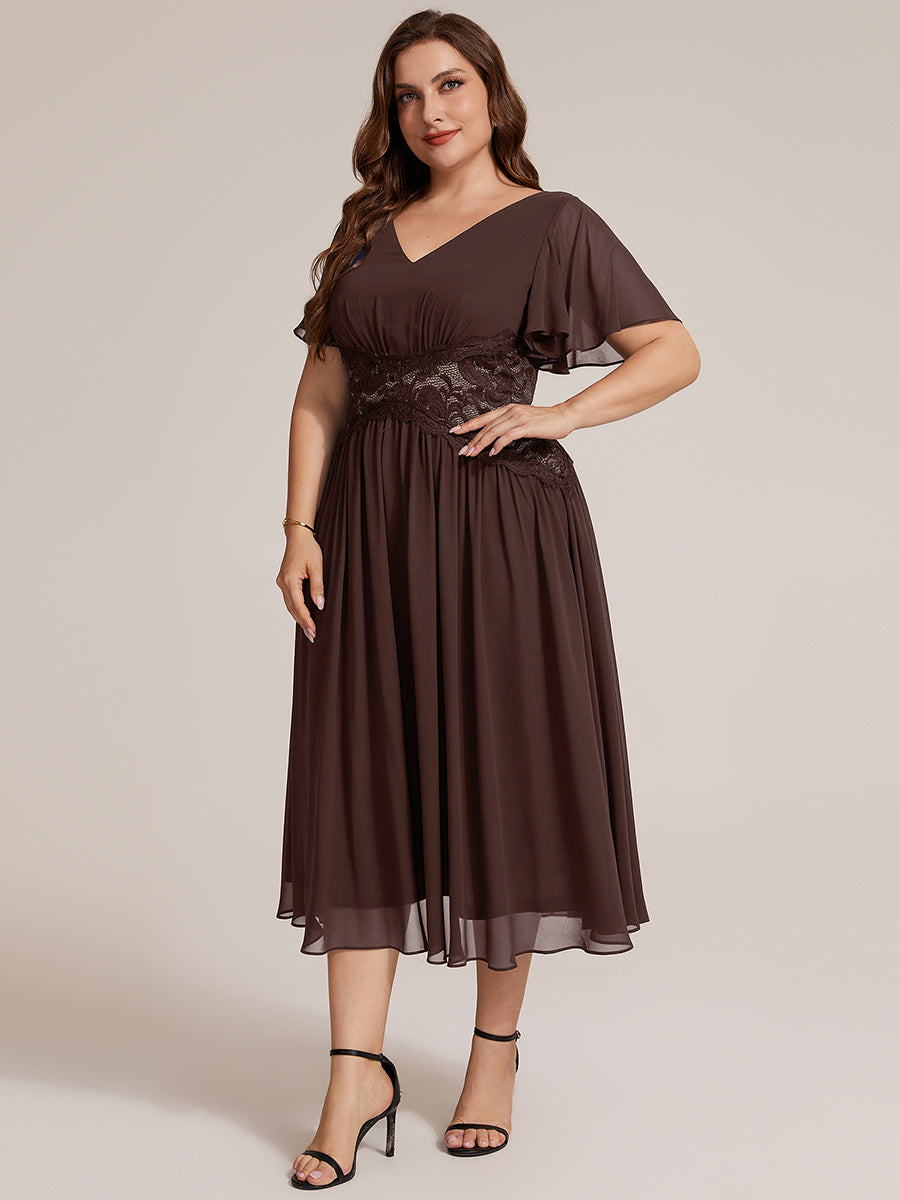 robe midi à col en V volantée à manches courtes sans élasthanne en A #Couleur_Marron chocolat