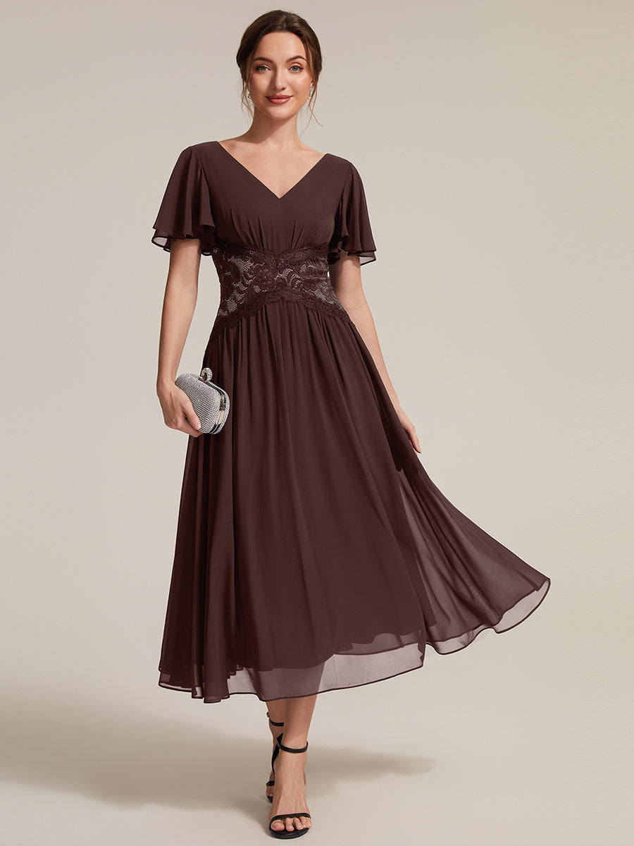 robe midi à col en V volantée à manches courtes sans élasthanne en A #Couleur_Marron chocolat
