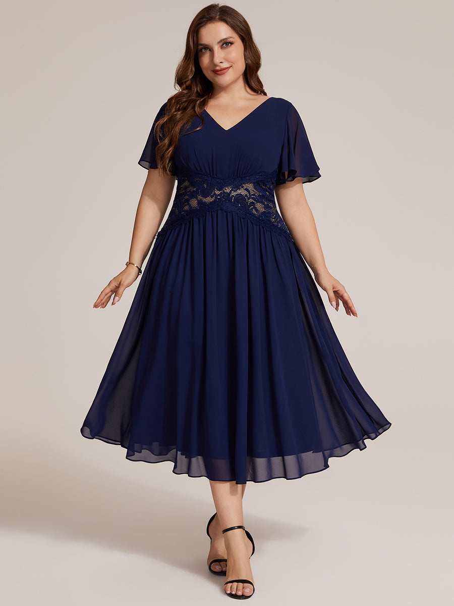 robe midi à col en V volantée à manches courtes sans élasthanne en A #Couleur_Bleu Marine