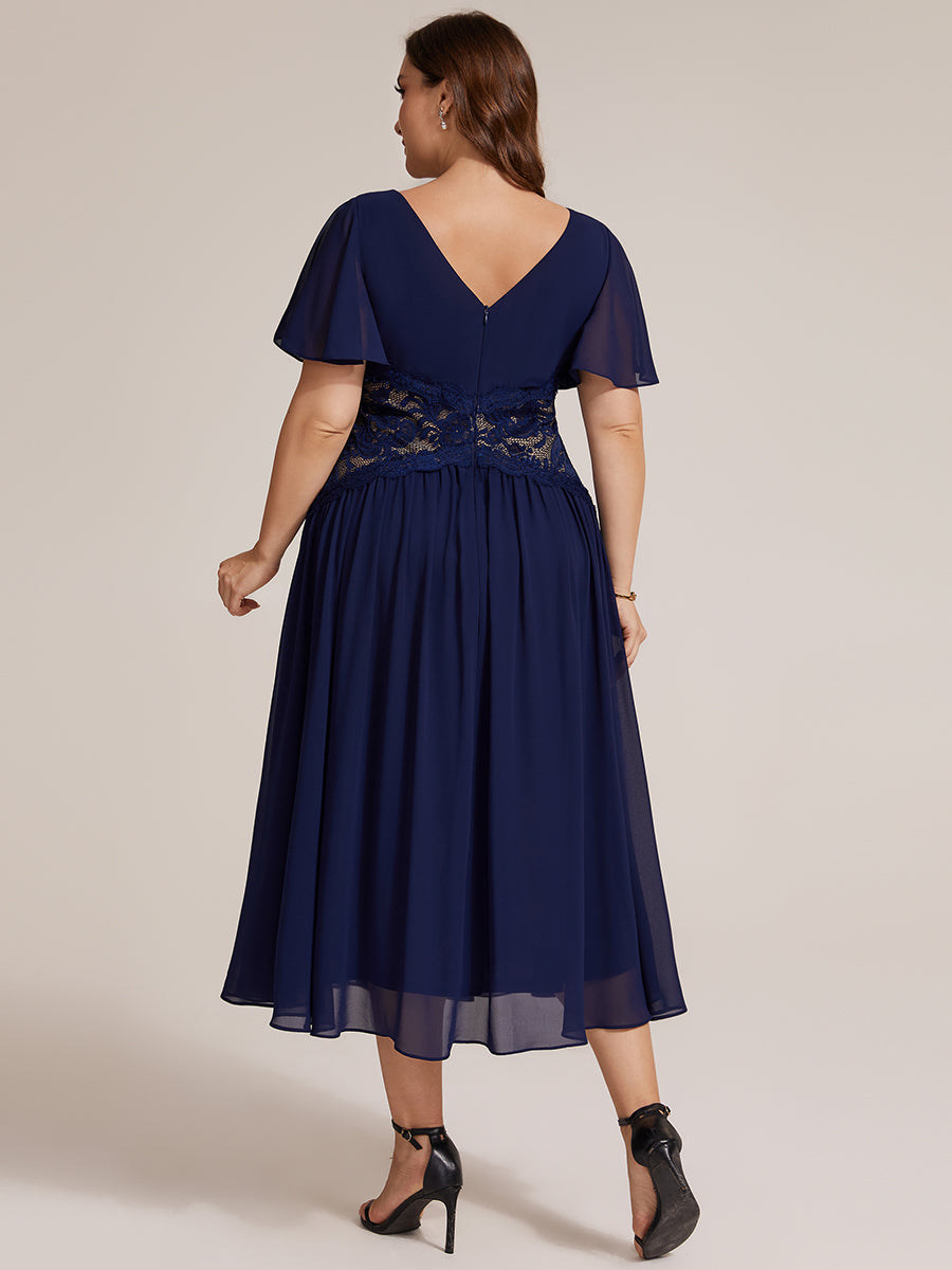 robe midi à col en V volantée à manches courtes sans élasthanne en A #Couleur_Bleu Marine