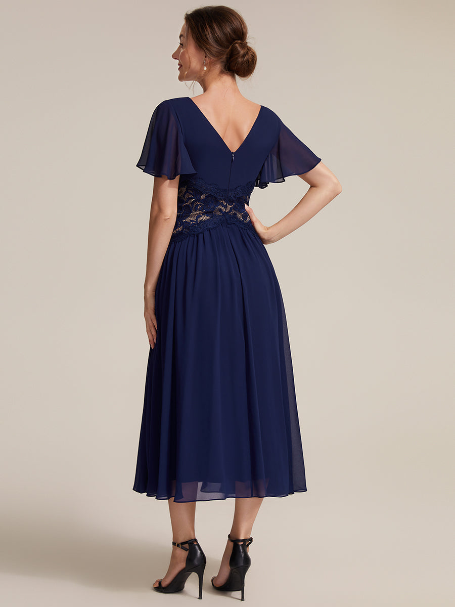robe midi à col en V volantée à manches courtes sans élasthanne en A #Couleur_Bleu Marine