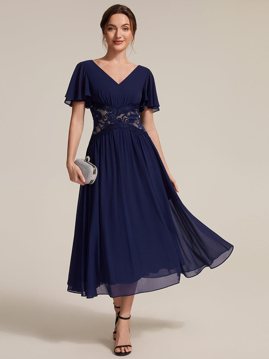 robe midi à col en V volantée à manches courtes sans élasthanne en A #Couleur_Bleu Marine