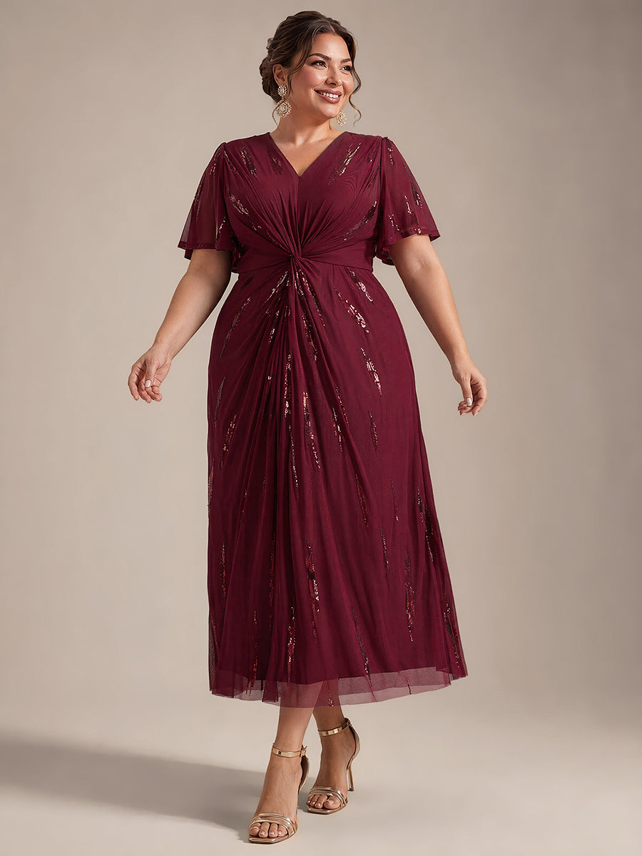 robe midi ajustée à manches courtes en V avec sequins et manches volantes #Couleur_Bordeaux