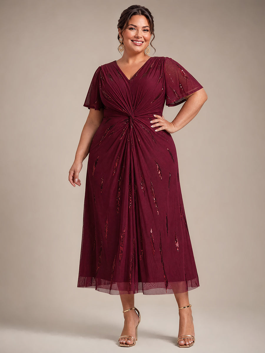 robe midi ajustée à manches courtes en V avec sequins et manches volantes #Couleur_Bordeaux